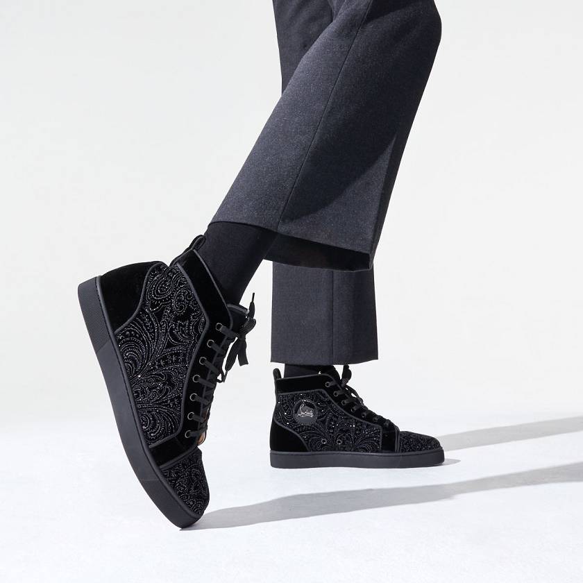 Men's Christian Louboutin Louis Orlato Velvet High Top Sneakers - Black [3571-098]